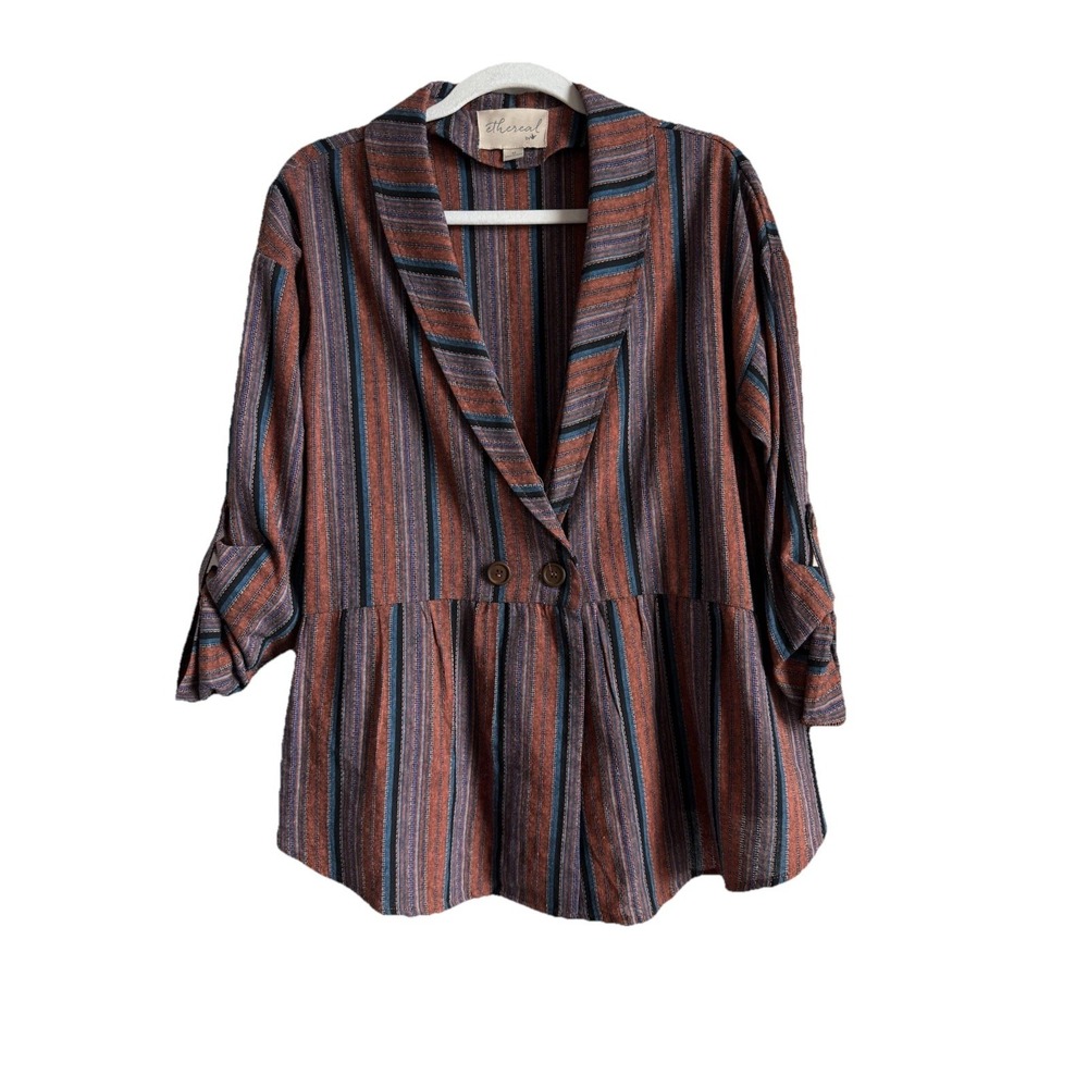 Ethereal By Paper Crane Linen Stripe Peplum Blouse Roll Tab Sleeves Boho Size‎ M